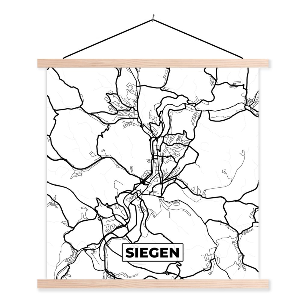MuchoWow Textilposter Siegen - Karte - Stadtplan 120x120 cm mit holzfarbenen Rahmen - Textil-Poster