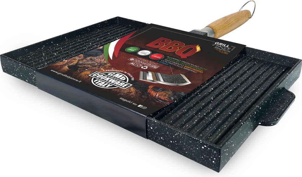 Rechteckiger Grill 35x25 cm, antihaftbeschichtet, mit klappbarem Holzgriff