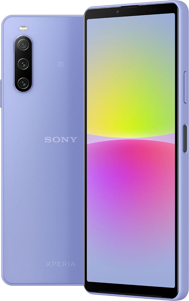A lavender Sony Xperia 10 IV smartphone is shown from the back and front.