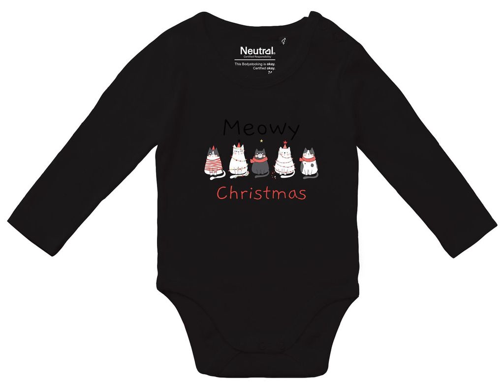 Huuraa Baby Body Meowy Christmas Katzen 62 Black Baumwolle Fairtrade Langarmbody Geschenkidee