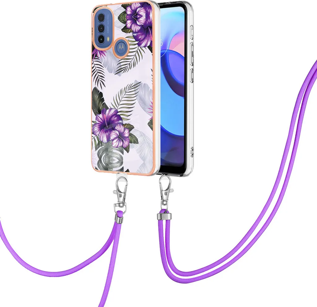 Cover Motorola E20/E30/E40 Viola a Fantasia con Cordino - Design Fashion