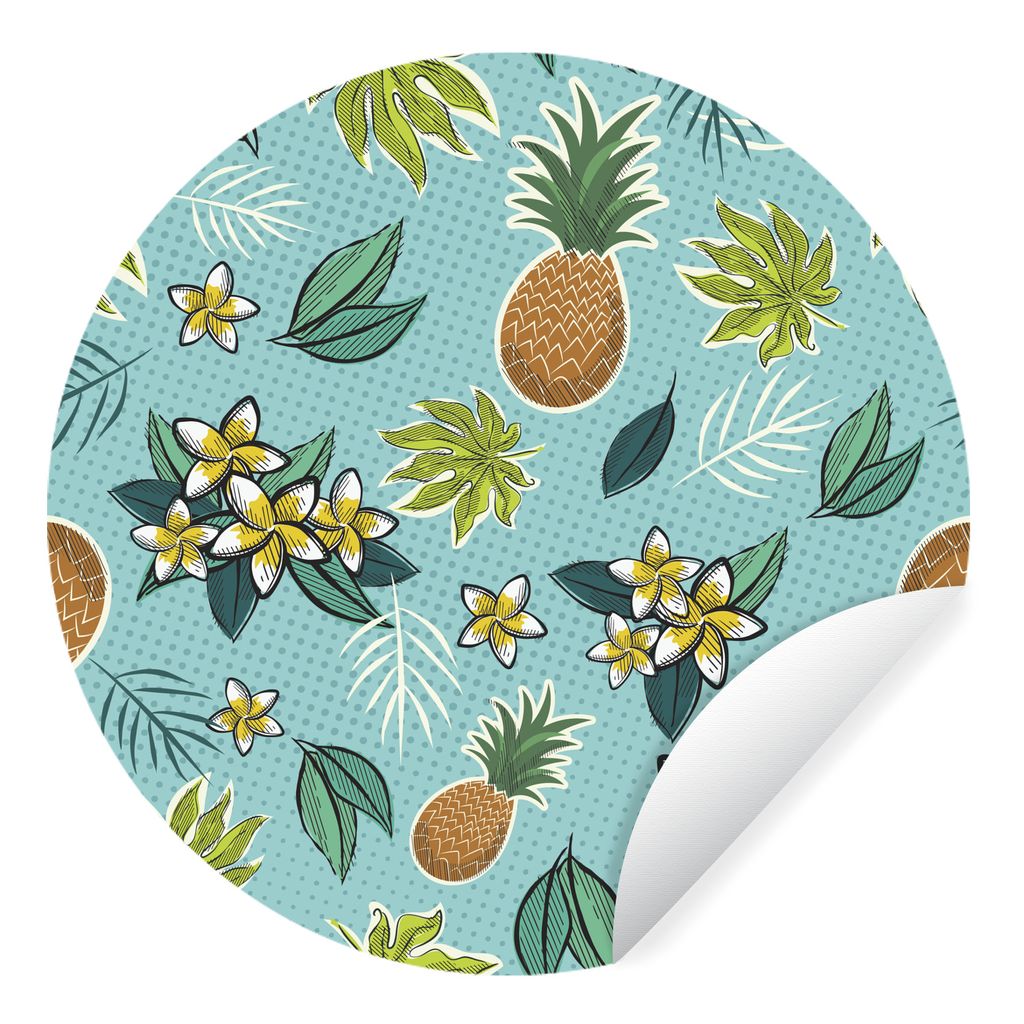 MuchoWow Runde Wandtattoo - Wandsticker Tapete Aufkleber Illustration eines Musters mit Ananas und tropischen Blumen Ø 30 cm Selbstklebend und R...