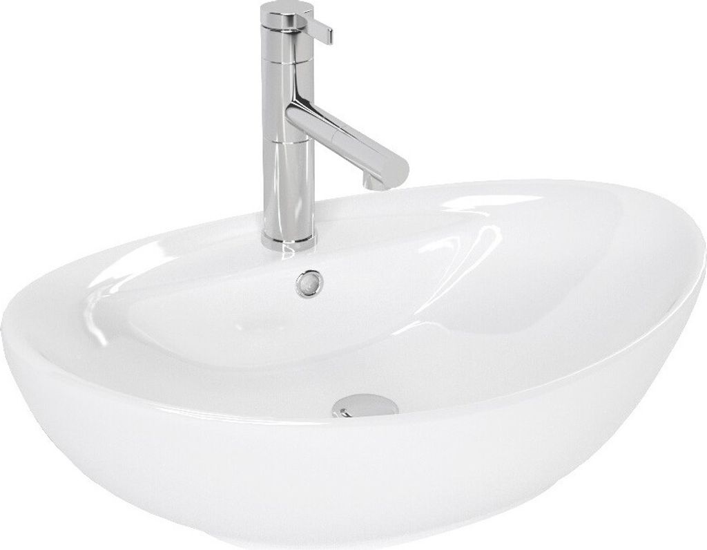 A white ceramic oval basin with a chrome faucet, shown from a diagonal angle against a white background.