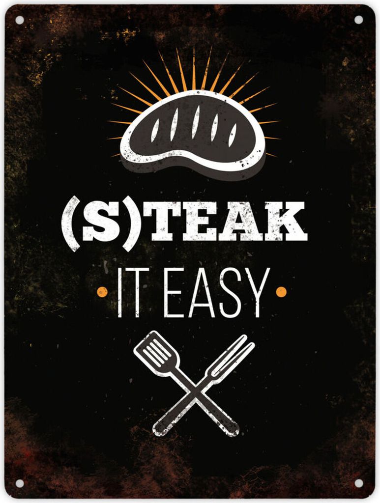 Metallschild XL mit BBQ Motiv und Spruch: Steak it easy Schild Blechschild