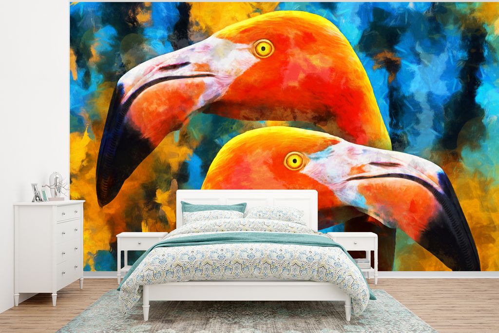 MuchoWow Fototapete für Wohnzimmer oder Schlafzimmer Wandtapete Vinyl Motivtapete Gemälde - Ölfarbe - Flamingo - 320x240 cm - Tapeten