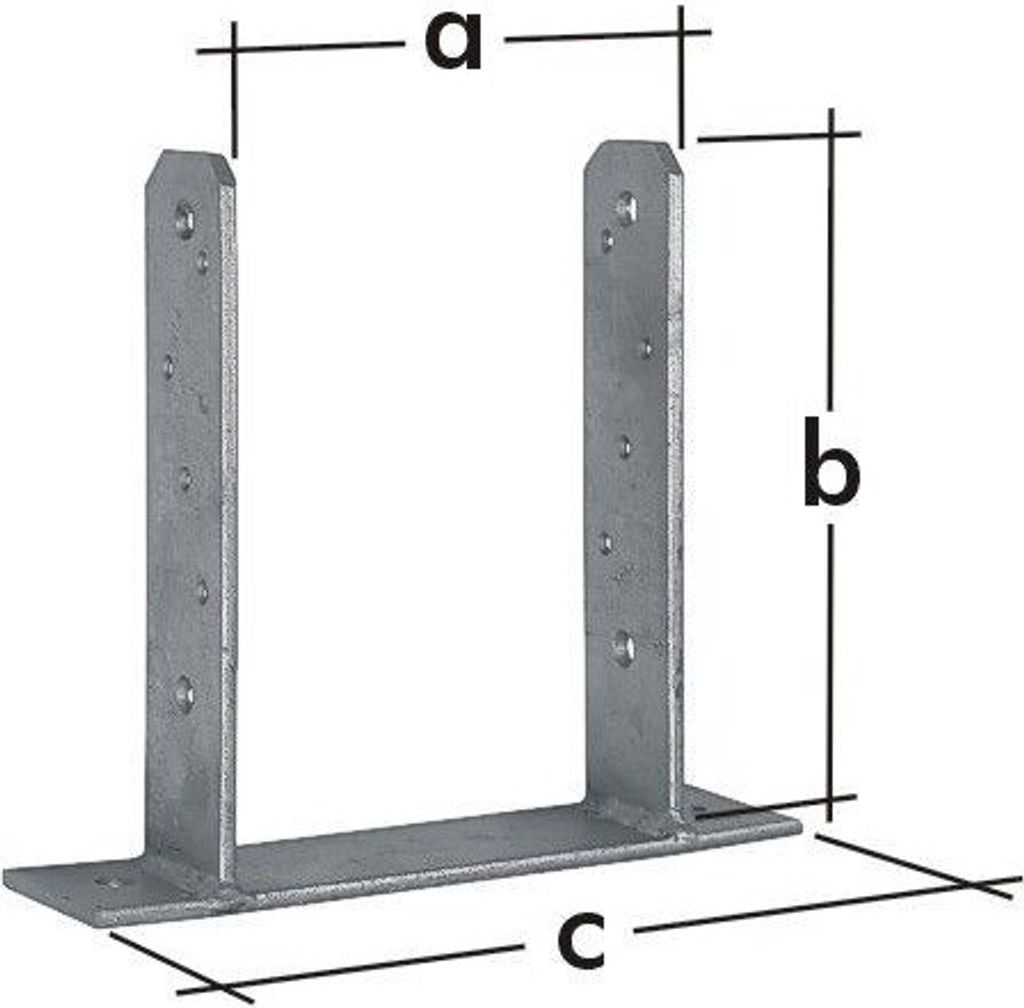 A diagram of a metal post anchor with dimensions labeled.