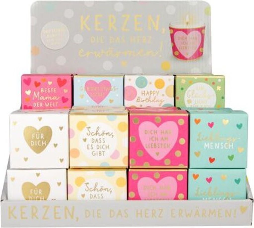 1 Kerzenset in Geschenkbox mit Sprüche - 4 verschiedenen Kerzen im Set mit Gläser