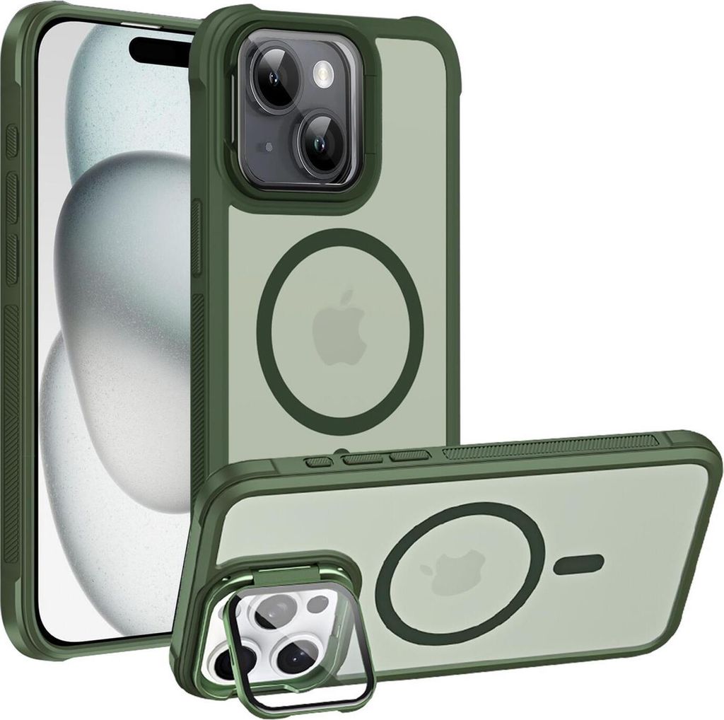 Conie MagSafe Schutzhülle für iPhone 15 Hard Case Kunststoff Kamera Schutz Cover Hülle magnetisch mit Ständer in Grün
