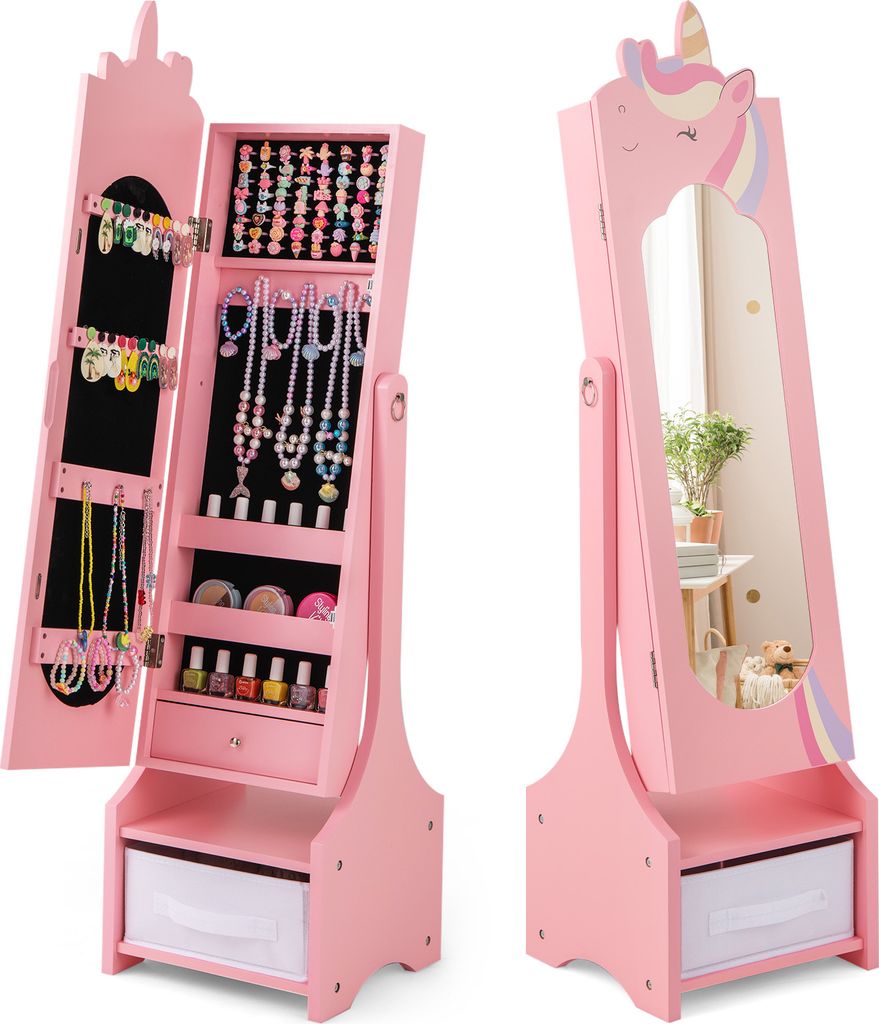 COSTWAY 2in1 Kinder Schmuckschrank, Spiegelschrank neigbar mit Ganzkörperspiegel, Schublade & Aufbewahrunskorb Schminkspiegel Einhorn für Kinder ...