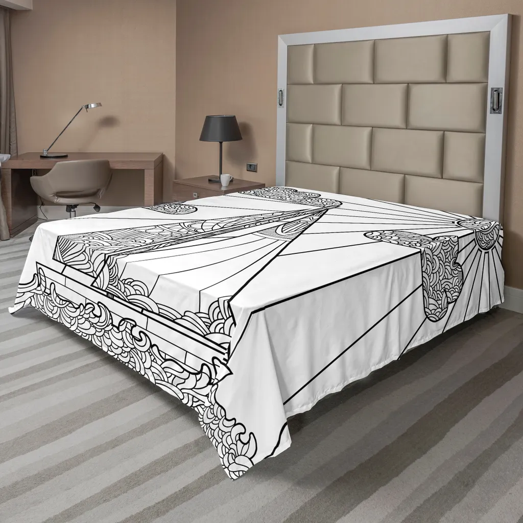 Drap de lit nautique 266x260 cm ABAKUHAUS blanc et noir motif bateau