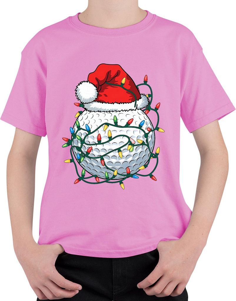 Weihnachten Golfball mit Mütze und Lichtern Golf Geschenk Idee Uni Kinder T-Shirt, Pink, 116