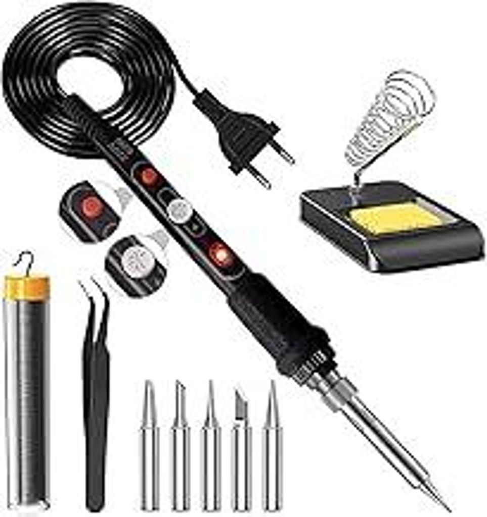 Lötkolben Set,60W Lötkolben Lötset mit EIN/AUS-Schalter200-450°C, Einstellbarer Temperaturknopf, 5 Lötspitzen,Gebogene Pinzette,Lötdraht, Eis...