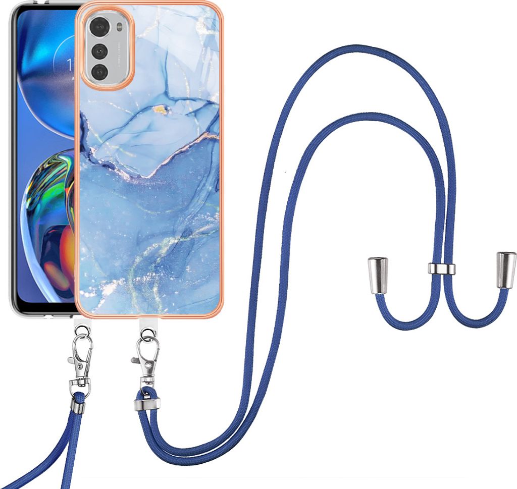 Moto E32 Handykette Hülle, Muster TPU Bumper Schutzhülle mit verstellbarem Tragegurt für Motorola Moto E32 Blau