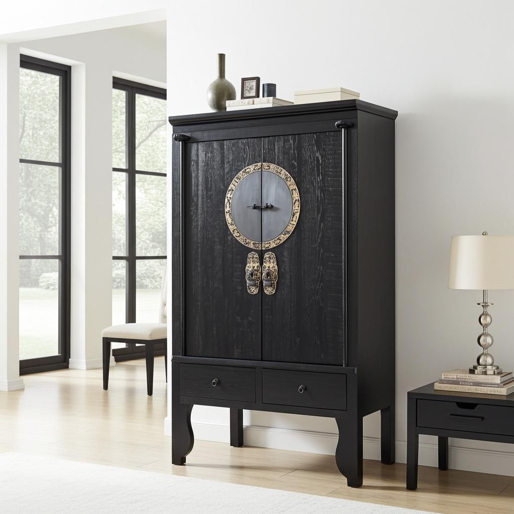 Opium Outlet chinesischer Hochzeitsschrank asiatischer Kleider-Schrank China Kommode Möbel Vintage Shabby orientalisch schwarz aus Holz