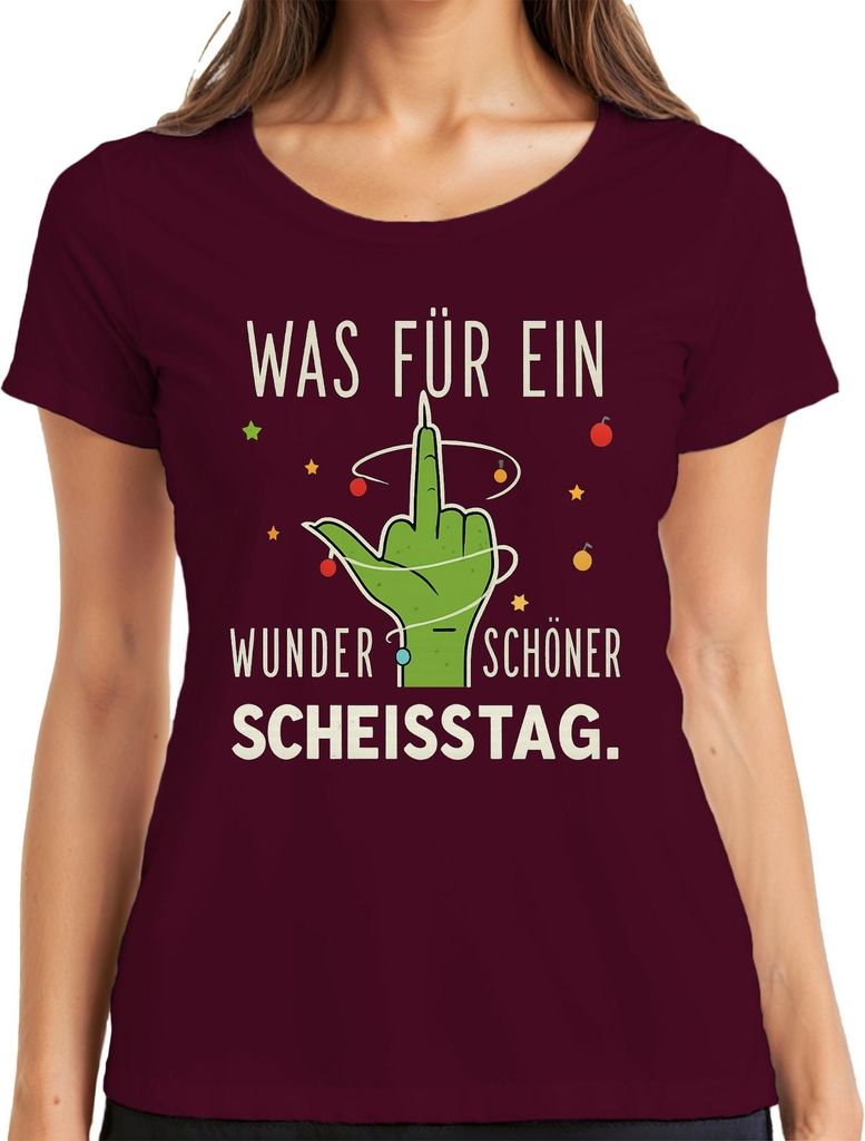 WAS FÜR EIN WUNDERSCHÖNER SCHEISSTAG grüner Mittelfinger frech Damen T-Shirt, Burgundy, XXL