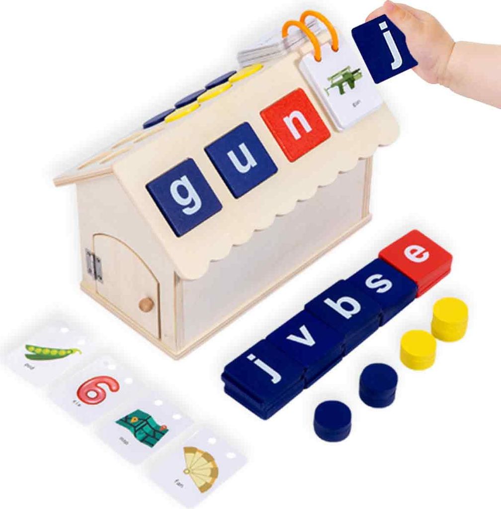 Lernspielzeug aus Holz für Kinder – CVC-Karten mit Sichtwörtern und Zahlen – Alphabet-Rechtschreibspiele und Montessori-Mathematik-Zählen