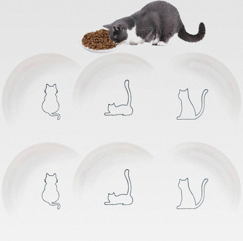 Katzennapf Keramik, 6 Stück Flacher Futternapf Katze Set im modernen Design, Katzennapf Flach zur Vorbeugung von Schnurrhaar-Stress, Cat Bowl für...