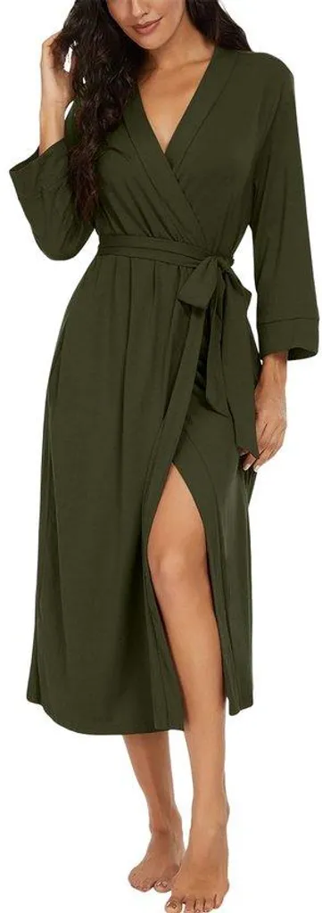 Peignoir de nuit femme vert olive kimono col en V pour détente et spa