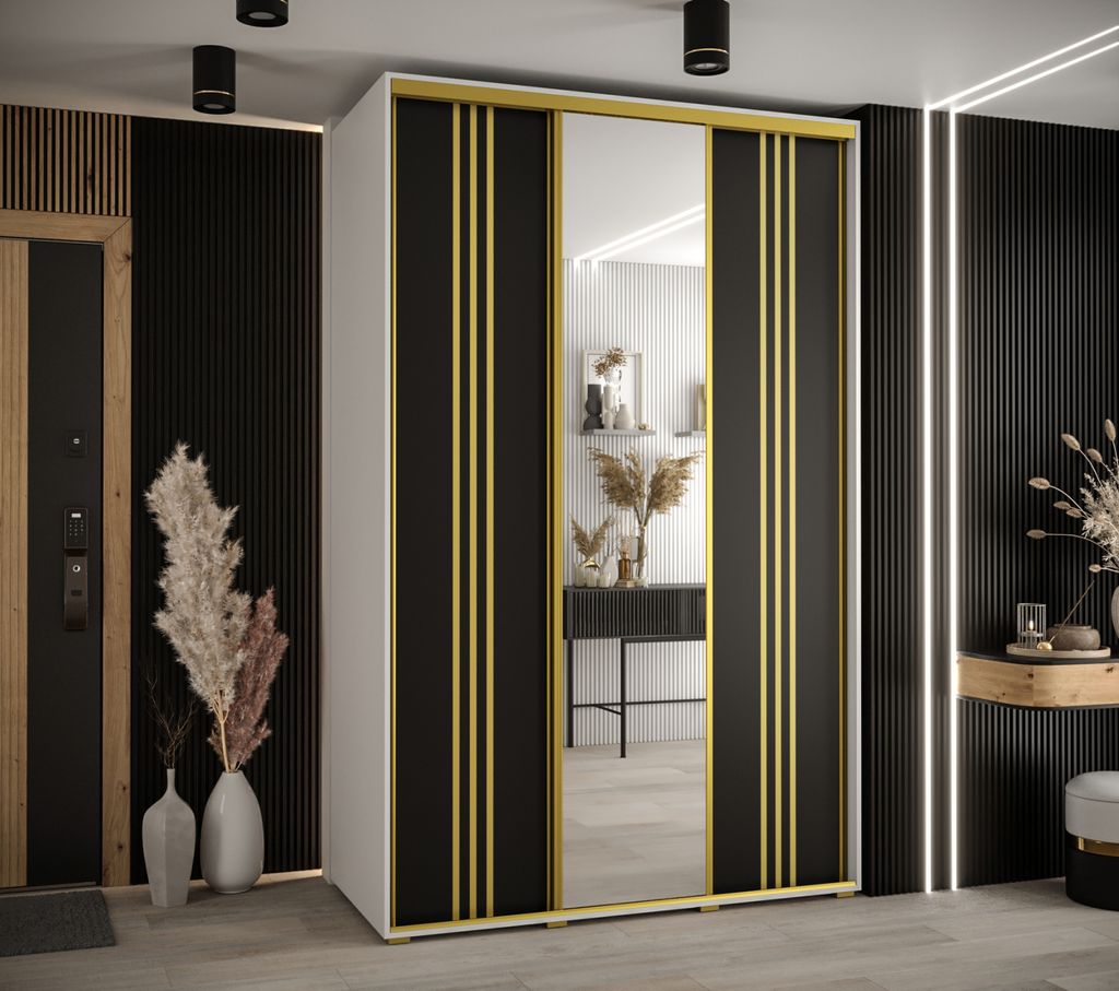 Kleiderschrank YVONA 7 – 160/60 cm, weiß/schwarz/gold