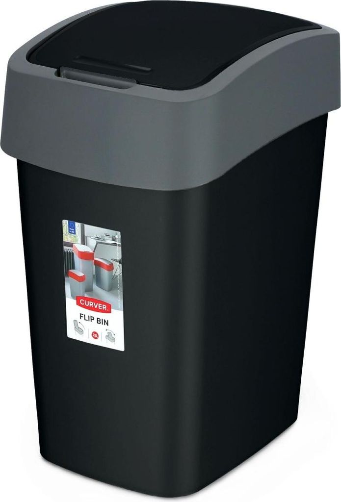 A black and gray flip-top trash can is shown against a white background.