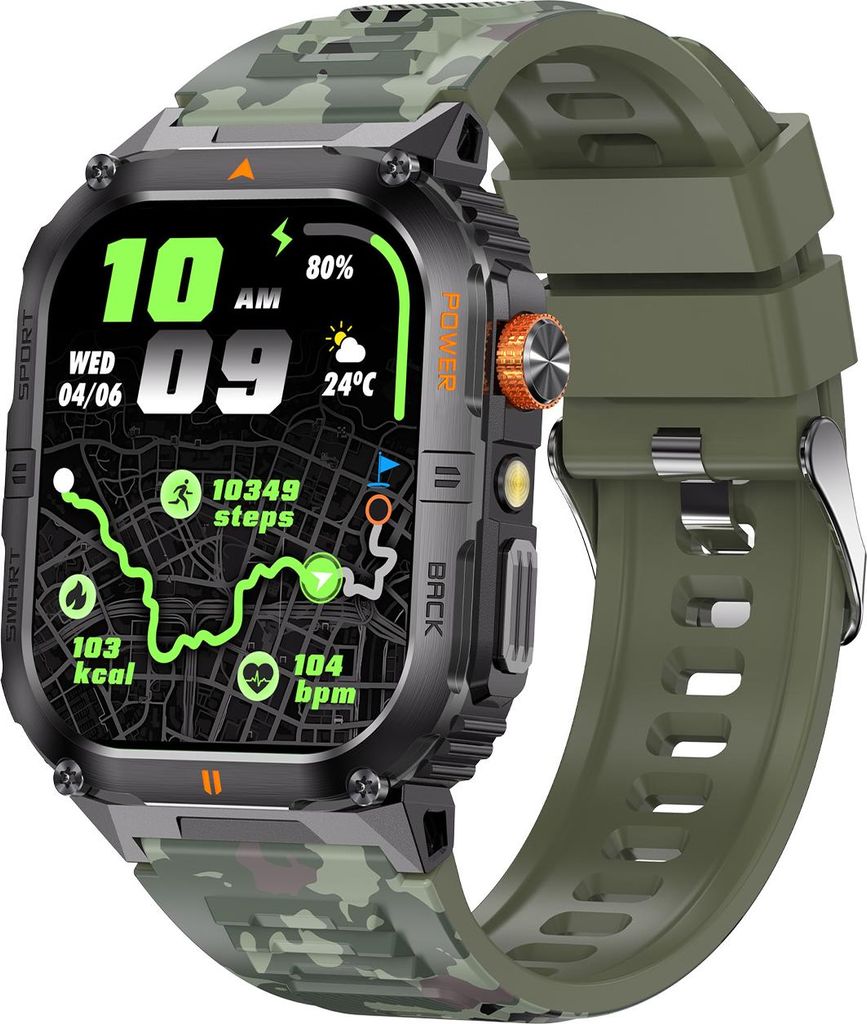 Intelligente Sportuhr mit Fitness-Tracker, LED-Taschenlampe, 2,0-Zoll-Bildschirm, über 100 Sportmodi, BT-Anruffunktion, Camouflage-Grün