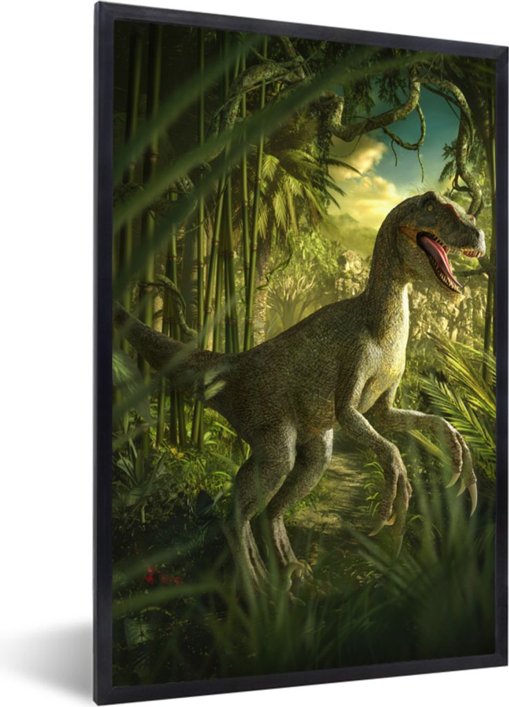 MuchoWow Gerahmtes Poster Dinosaurier - Pflanzen - Grün - Illustration - Kinder - Jungen 40x60 cm - Poster mit Schwarzem Bilderrahmen Wandposter...