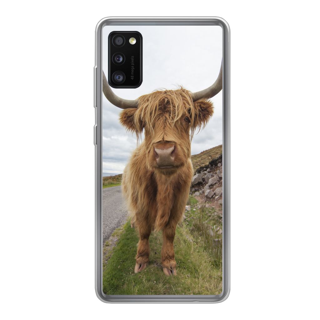 MuchoWow Handyhülle Schutzhülle Hülle für Samsung Galaxy A41 Schottischer Highlander - Hörner - Berg Silikon Softcase Handy Hülle - Mobilte...