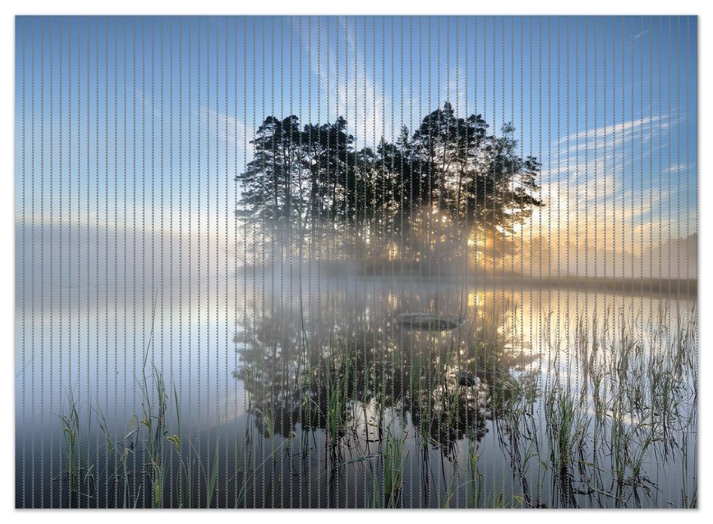 Wallario Duschmatte Antirutschmatte Badmatte Fußmatte Stiller See mit Insel im Morgennebel, Größe ca. 90 x 65 cm