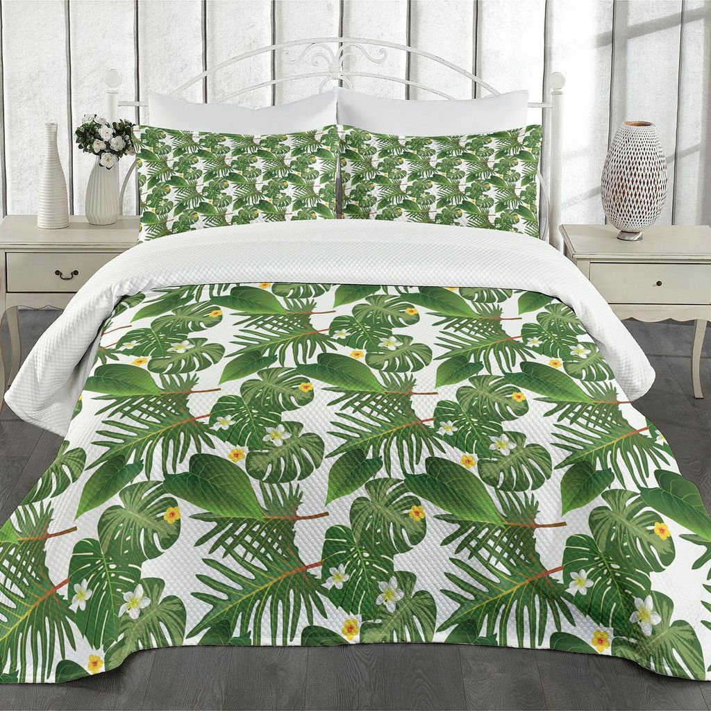 ABAKUHAUS Insel-Party Tagesdecke Set, Tropische Pflanzen Riesen Bananen und Kokospalmblätter mit Hibiskusblüte, 170 x 220 cm, Grün Gelb