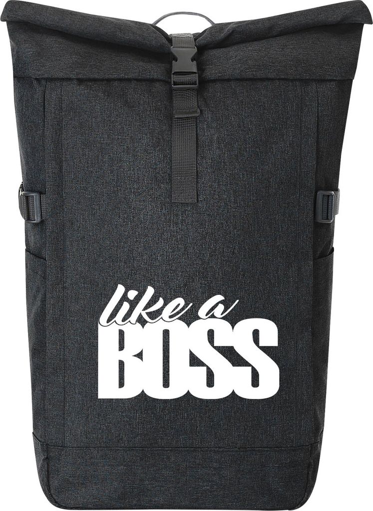 Huuraa Kurierrucksack like a Boss Spruch 30-44 Liter Black Melange Fairtrade Rolltop Rucksack Geschenkidee