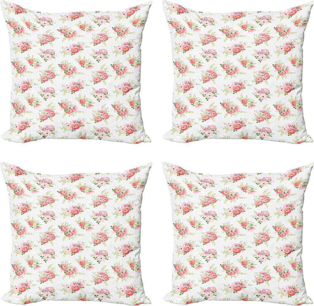 ABAKUHAUS Shabby Flora Kissenbezug Set (4 Stück), Magnolia Frische Knospen, Moderner Doppelseitiger Digitaldruck, 60 cm x 60 cm, Grün-Rosa-Off White