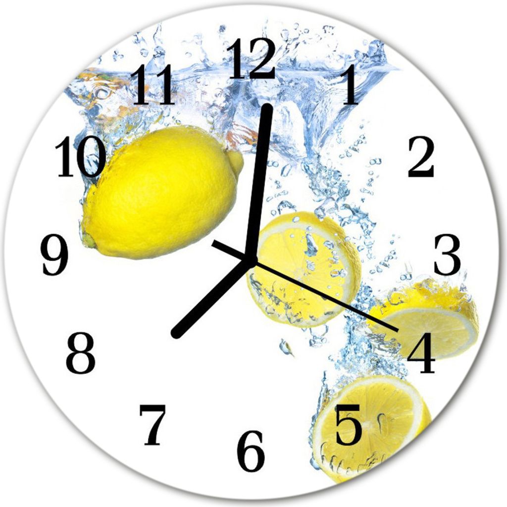 Glasuhr Wanduhr Küchenuhr Echt-Glas 30fi cm Zitronen gelb