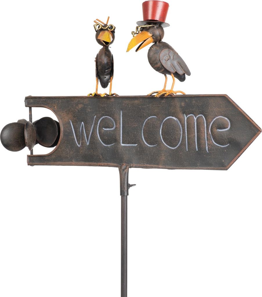 Deko Gartenstecker Welcome Schild mit 2 Raben aus Metall ca. 125x48x11 cm - wetterfeste Gartendeko mit Windspiel-Funktion - Vogel-Figuren mit Brill...