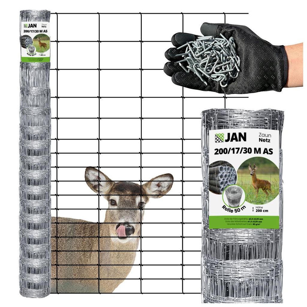 Wildzaun - Knotengeflecht - 200/17/30 M AS - 50 M - Verzinkt - Stark - 215 G/m² - Forstzaun 10 Jahre
