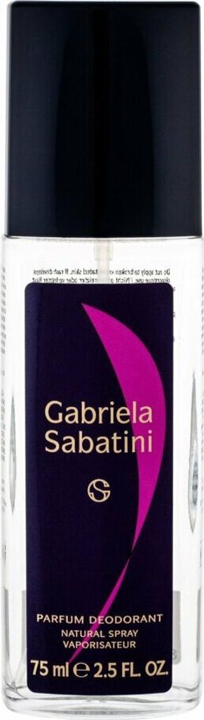 A clear studio shot of a Gabriela Sabatini deodorant spray bottle.