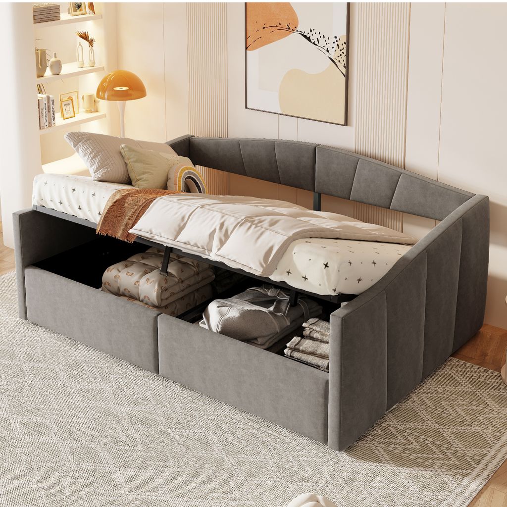 Flieks Tagesbett Schlafsofa 140x200cm mit Stauraum, Polsterbett Daybed mit Lattenrost, Sofabett mit Arm- und Rückenklehne, Stauraumbett Samt, Grau