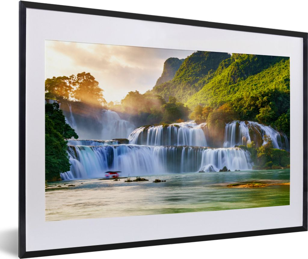 MuchoWow Gerahmtes Poster Wasserfall - Pflanzen - Sonne - Wasser - Natur 60x40 cm - Poster mit Schwarzem Bilderrahmen Wandposter Rahmen Foto Bild...