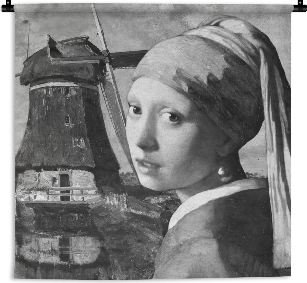 MuchoWow Wandteppich Wandbehang Das Mädchen mit dem Perlenohrring - Johannes Vermeer - Schwarz und weiß 150x150 cm Tapisserie Dekoration Wandtu...
