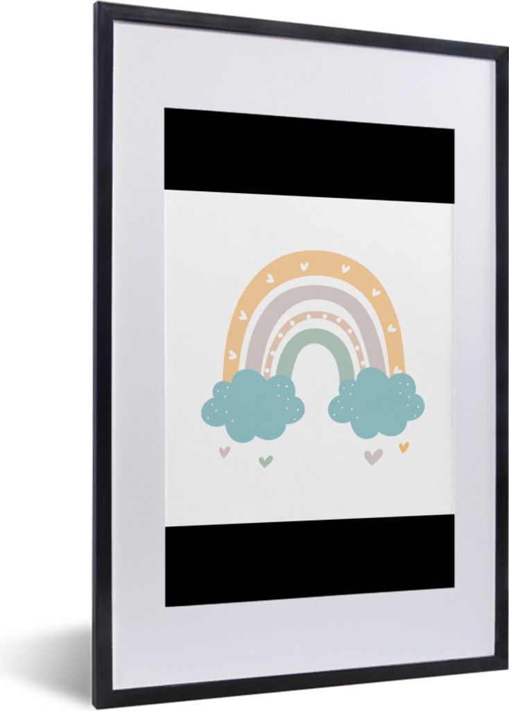 MuchoWow Gerahmtes Poster Regenbogen - Herzen - Wolken - Punkte - Pastell - Kinder 40x60 cm - Poster mit Schwarzem Bilderrahmen Wandposter Rahmen...