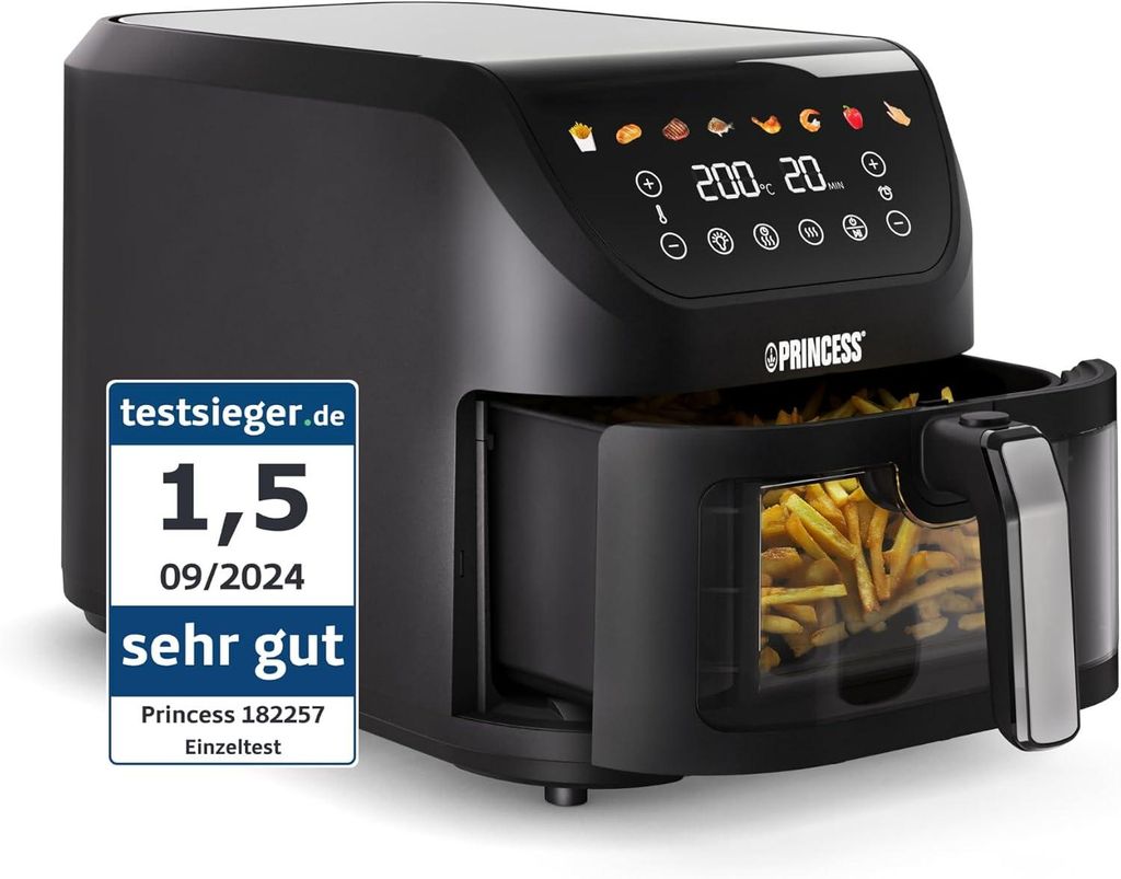 Princess SlimFry Airfryer, 8L, 2000W, 8 Programme, Digitales Touchscreen, Sichtfenster, Automatische Abschaltung, Spülmaschinenfest, 182257