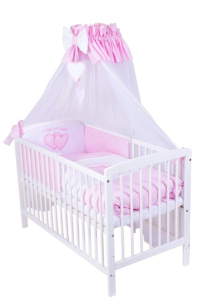 Babybett mit 10-tlg Komplett-Set Bettwäsche umbaubar zum Juniorbett Herz rosa 