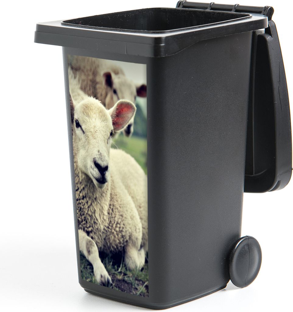 MuchoWow Mülltonnenaufkleber Schaf - Lamm - Gras 44x98 cm - Containeraufkleber - Aufkleber - Mülltonnen-Aufkleber
