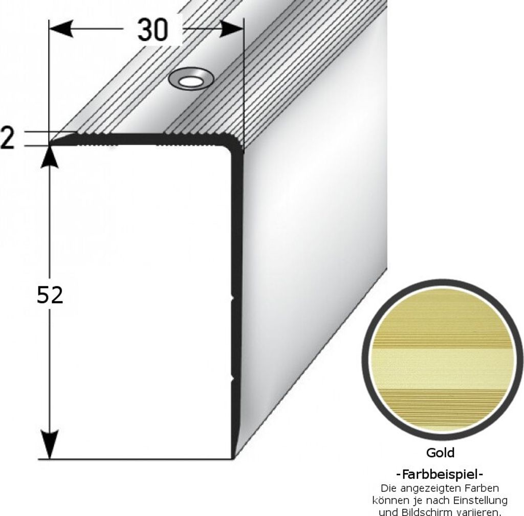 Treppenkante / Treppenprofil "Genua", Winkelprofil mit 30 mm Breite und konfigurierbarer Höhe (22 mm bis 52 mm), Aluminium eloxiert, gebohrt-goldf...