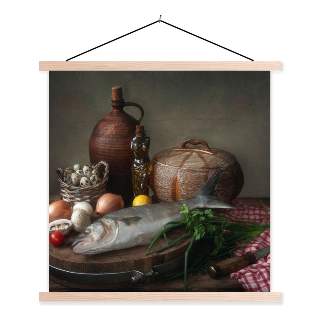 MuchoWow Textilposter Rustikal - Fisch - Stilleben - Gemüse - Kräuter 60x60 cm mit holzfarbenen Rahmen - Wanddekoration