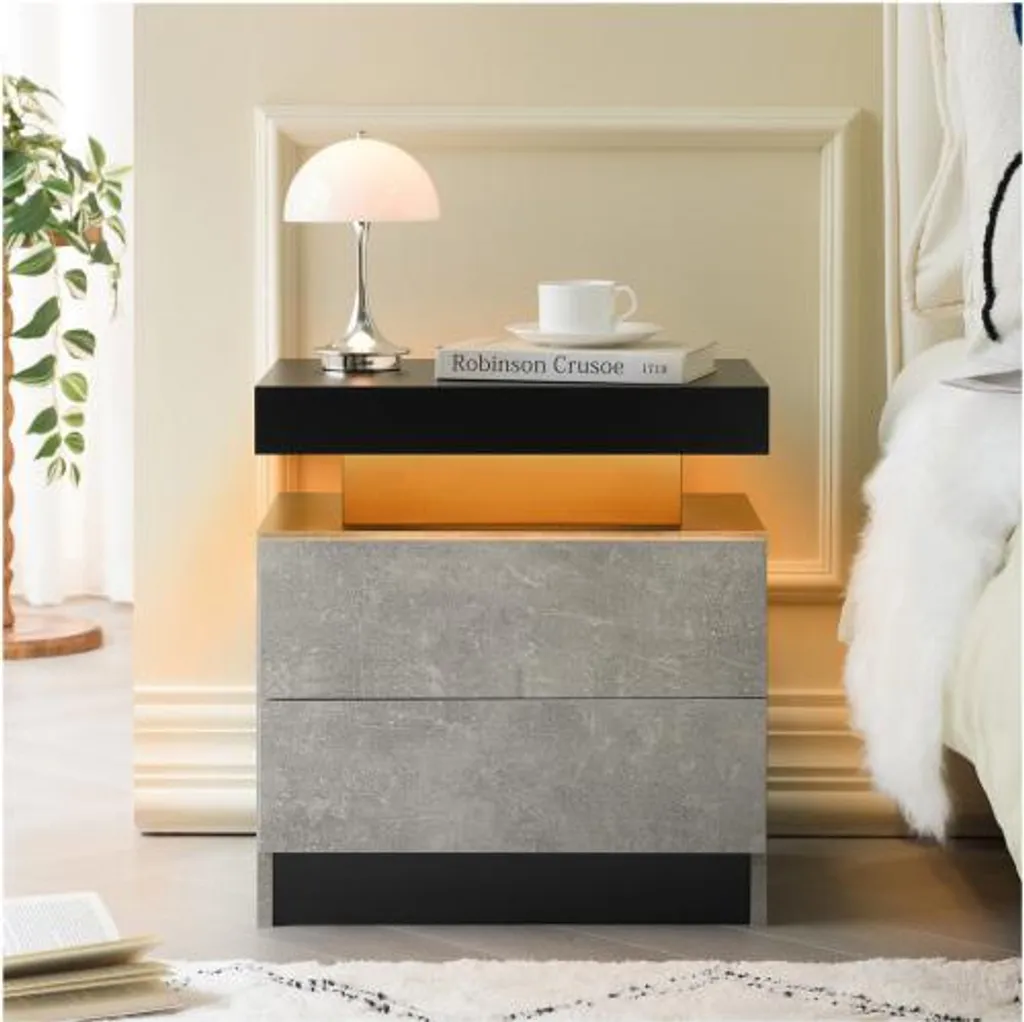 Table de chevet LED grise pour chambre moderne, rangement 2 tiroirs chic