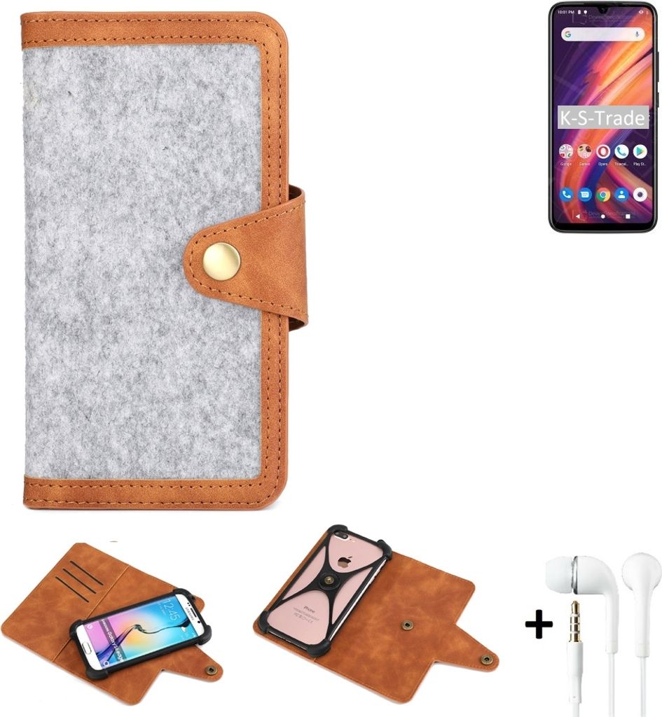K-S-Trade Handyhülle + Kopfhörer kompatibel mit Lenovo A7 Schutzhülle Filz Hülle Kunstleder hellgrau braun (1x)