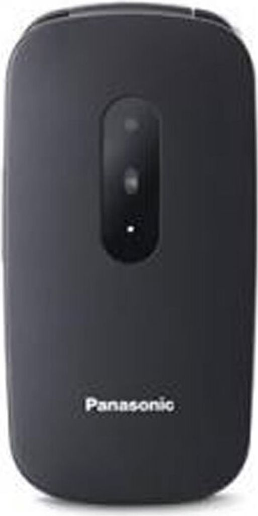 A black Panasonic flip phone is shown from the front.