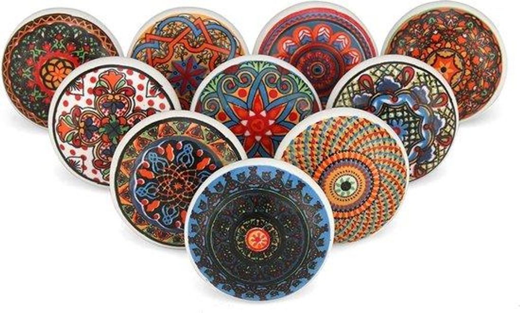 Handgemalte Keramische Schalterknöpfe für Schränke und Schubladen, Set aus 10, Mandala-Design