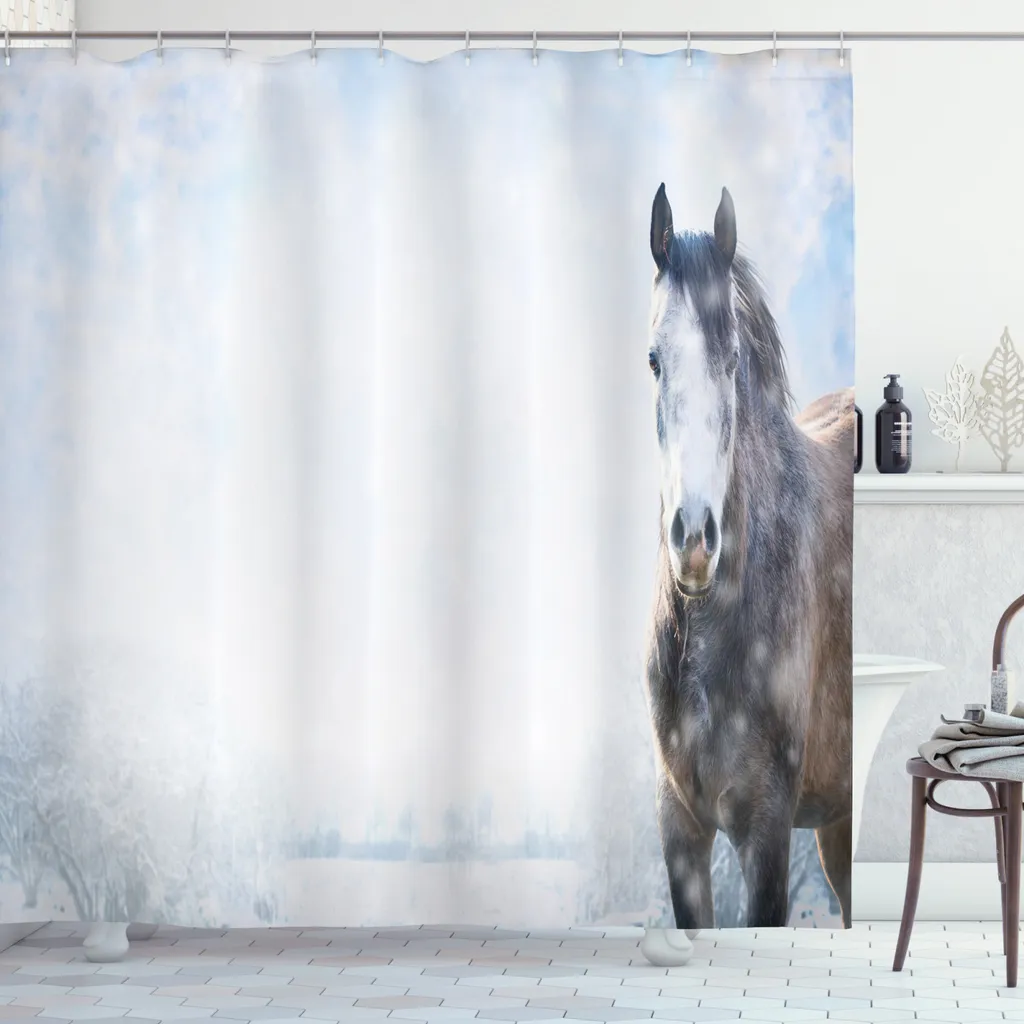 Tenda Doccia Cavalli Neve 175x180 cm ABAKUHAUS Tessuto Impermeabile