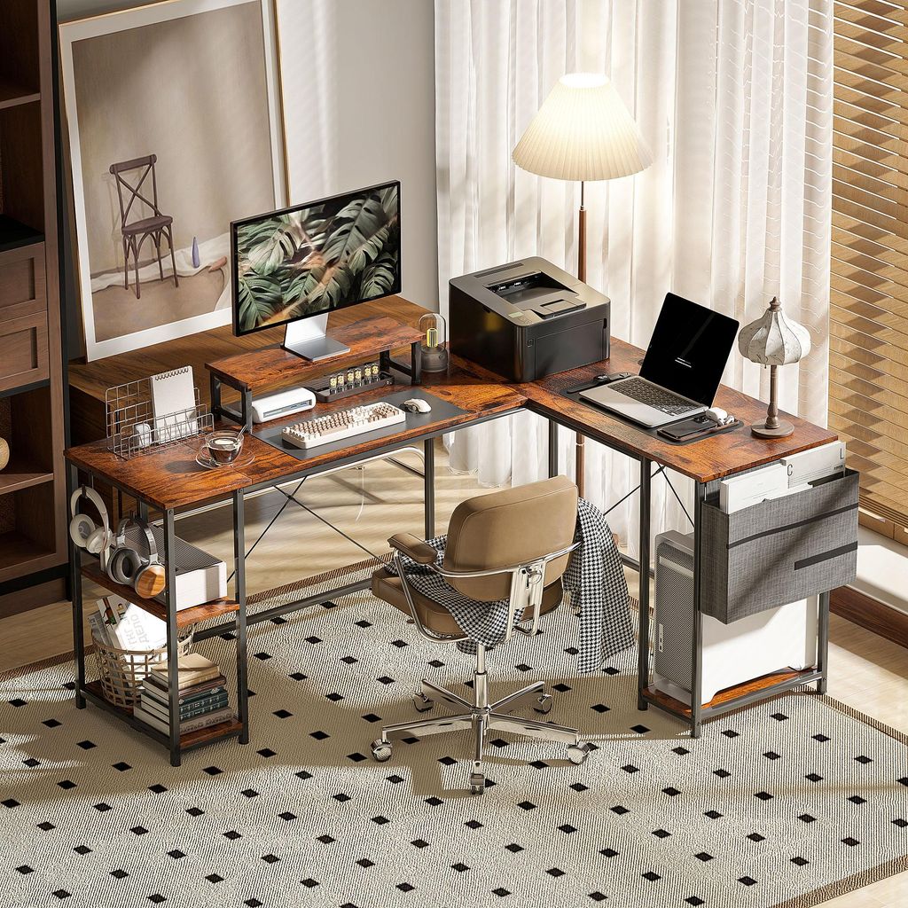 okwish L-förmiger Schreibtisch Arbeitsschreibtisch mit zwei Kabeldurchführungen,Schreibarbeitstisch Bürotisch mit Ablagefächern und Monitorstä...